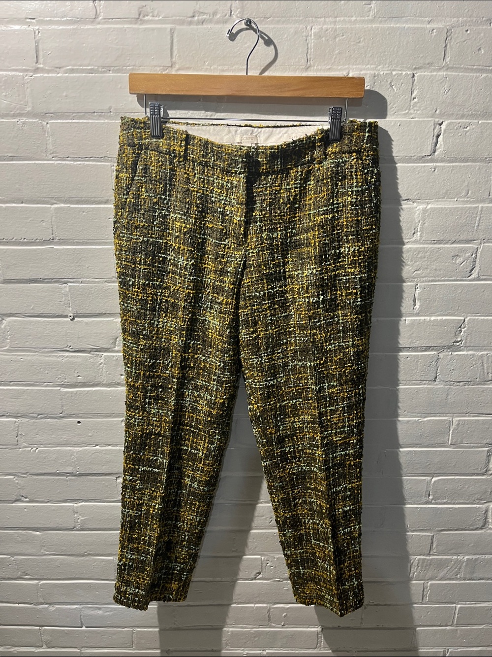 J. Crew Olive & Gold Tweed Plaid Trousers